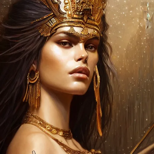 Image similar to Kaia Gerber as Cleopatra, intricate, elegant, highly detailed, digital painting, artstation, concept art, smooth, sharp focus, illustration, art by artgerm and greg rutkowski and alphonse mucha