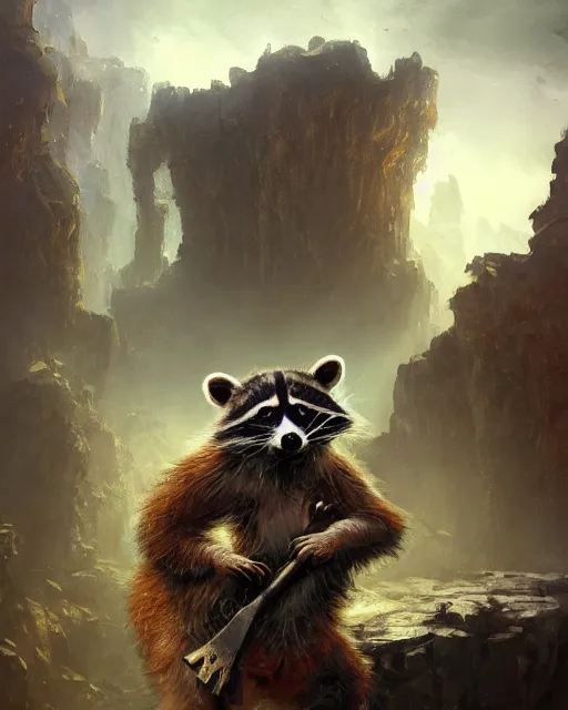 Prompt: oil painting of poor anthropomorphized raccoon miner mining gold, pickaxe, close shot, full body, dark steampunk mine shaft background, sad expression, dirty, sharp focus, fantasy style, octane render, volumetric lighting, 8k high definition, by greg rutkowski, highly detailed, trending on art Station, dungeons and dragons artwork, centered