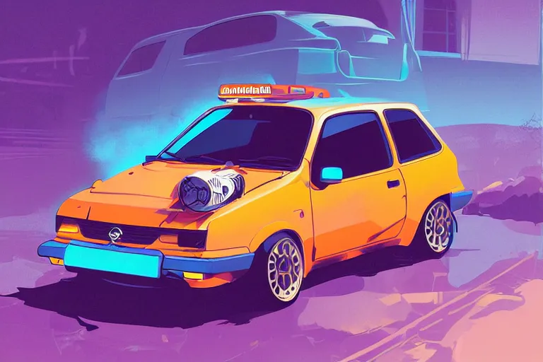 Image similar to digital illustration of nissan micra super turbo, by makoto shinkai, ilya kuvshinov, lois van baarle, rossdraws, basquiat