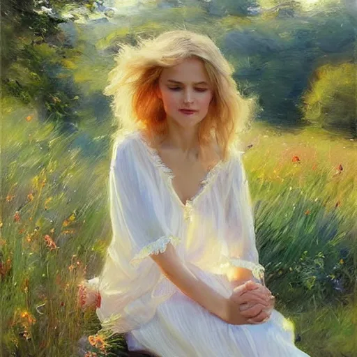 Image similar to blonde woman, nightgown, swedish countryside, archipelago, morning, masterpiece, highly detailed, beautiful, atmospheric, impressionism, painting by Vladimir Volegov