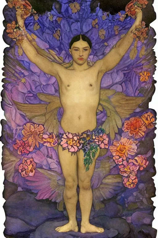 Image similar to the flower prince, by Annie Swynnerton and Nicholas Roerich and Diego Rivera, bioluminescent skin, floral tattoos, wings made out of flowers, elaborate costume, geometric ornament, symbolist, smooth, sharp focus, extremely detailed