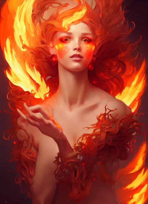 Image similar to a cute fire elemental, with fingers and hair turning into flames, fantasy, intricate, elegant, highly detailed, digital painting, artstation, concept art, wallpaper, smooth, sharp focus, illustration, art by artgerm and greg rutkowski and alphonse mucha