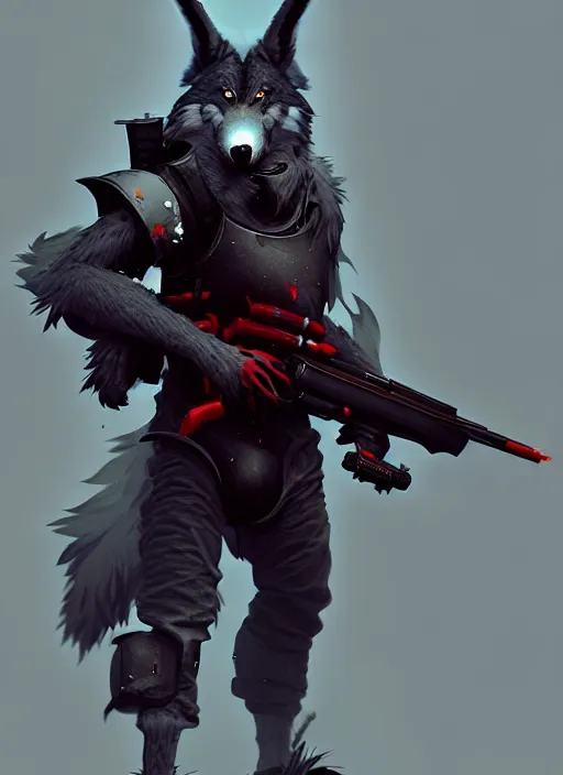 Image similar to dark gray male anthropomorphic wolf fursona, long red hair wearing destiny 2 armor and holding a sniper rifle. character design by cory loftis, fenghua zhong, ryohei hase, ismail inceoglu and ruan jia. artstation, volumetric light, highly detailed, photorealistic, fantasy, rendered in octane