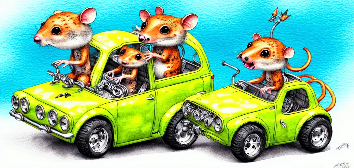 Image similar to cute and funny, quoll riding in a tiny hot rod with oversized engine, ratfink style by ed roth, centered award winning watercolor pen illustration, isometric illustration by chihiro iwasaki, edited by range murata, tiny details by artgerm and watercolor girl, symmetrically isometrically centered