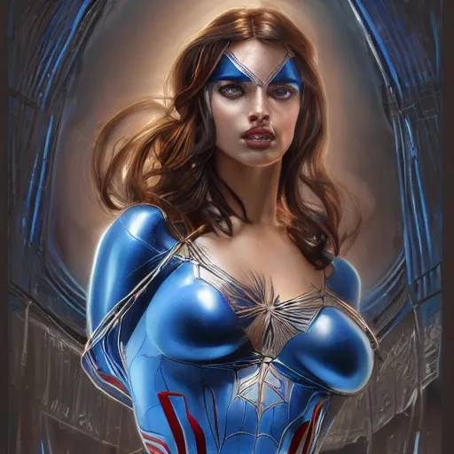 Prompt: an attractive female spiderman wearing an blue ornate metallic helmet, adriana lima, olive skin, long dark hair, beautiful bone structure, intricate, elegant, highly detailed, digital painting, artstation, concept art, smooth, sharp focus, illustration, art by artgerm and greg rutkowski and alphonse mucha