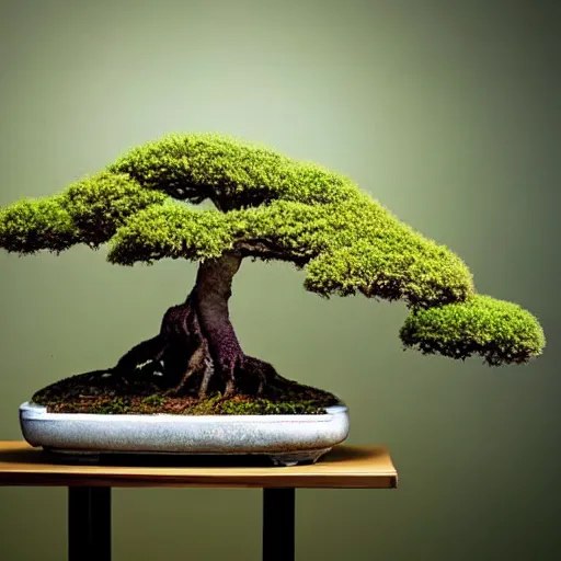 Image similar to A picture of a planet of various flowers, fungus and plants, Bonsai , in which the human figure is dressed in something magical and impressive, inside the picture is infinity, muted light, BotanicalAtmospheric phenomenon, artistic photography, muted colors, conceptual, Kodachrome