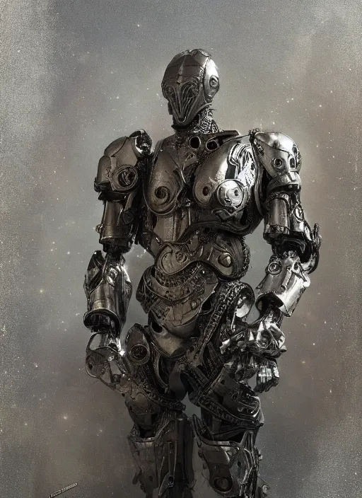 Image similar to portrait of a futuristic silver armored knight district 9 cyborg, modern fine art, fractal, intricate, elegant, highly detailed, digital photography, subsurface scattering, by jheronimus bosch and greg rutkowski,