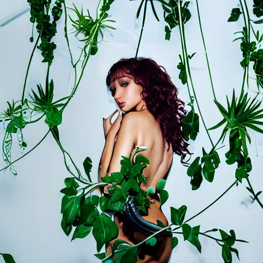 Prompt: flume_and_former_cover_art_future_bass_girl_unwrapped_statue_bust_curls_of_hair _petite_lush _body_photography_plants growing out_model_futuristic_material_simple_backgroundg