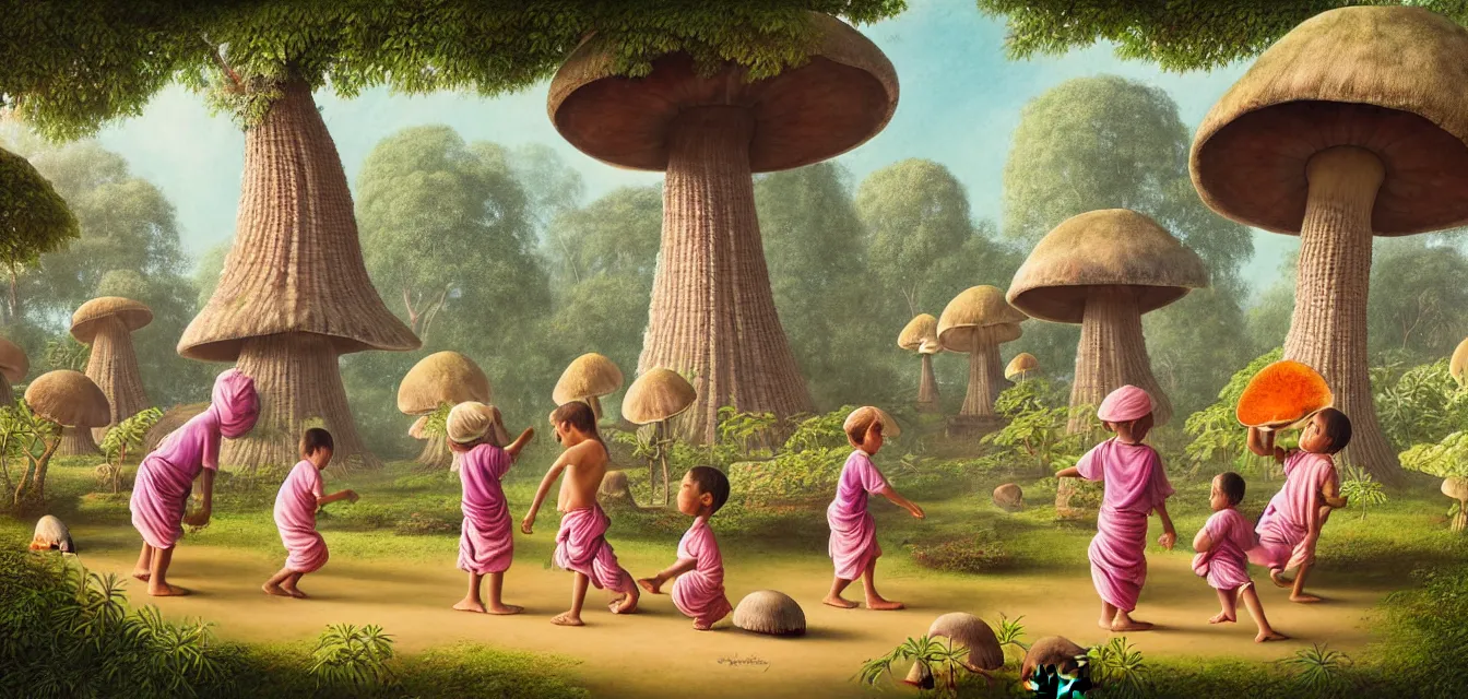 Prompt: botanical illustration of a few diverse children playing around an indonesian candi temple under a single giant mushroom, pastel hues, janne laine, outi heiskanen, gentle morning light