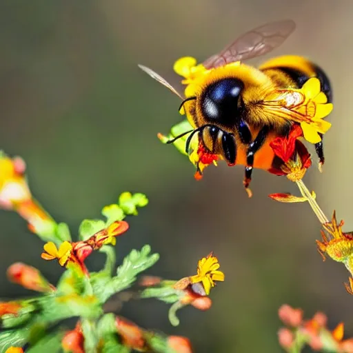 Prompt: a bee landing on a burning flower, the forest is on fire, there is fire everywhere, beautiful macro photography, perfect focus, nice composition