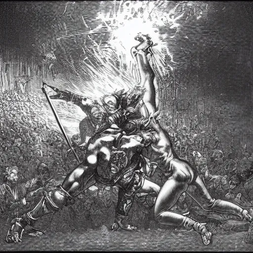 Image similar to A scene from Tekken 7, wood engraving, by Gustave Dore