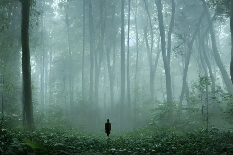 Image similar to a complex organic fractal 3 d ceramic humanoid megastructure in a lush forest, foggy, cinematic shot, photo still from movie by denis villeneuve