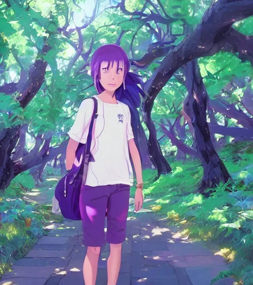 Prompt: a girl wearing a purple backpack standing in a path on her tiptoes looking up and around. Trees, shady, bob hairstyle. Vibrant colors. By Makoto Shinkai, Stanley Artgerm Lau, WLOP, Rossdraws, James Jean, Andrei Riabovitchev, Marc Simonetti, krenz cushart, Sakimichan, trending on ArtStation, digital art.