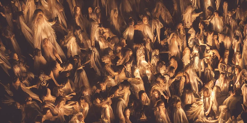 Image similar to love, groups of translucent people with long glowing hair, from below, rebirth, wide angle, cinematic atmosphere, elaborate, highly detailed, dramatic lighting