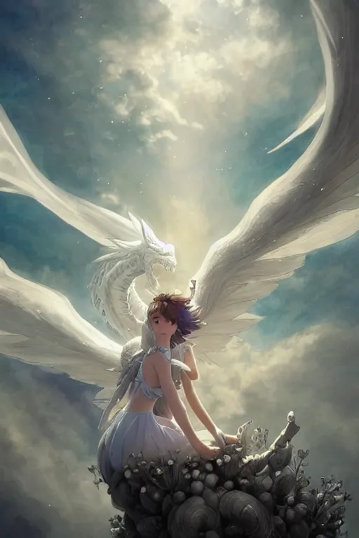 Prompt: beautiful scene render that a princess ride on a huge silver white dragon back, finely detailed angelic face delicate features, in the fairyland surrounded by white clouds, perfectly shaded, atmospheric lighting, style of makoto shinkai and peter mohrbacher, studio ghibli. artgerm, karol bak, beeple, animation style, 4 k hd, hyper detailed