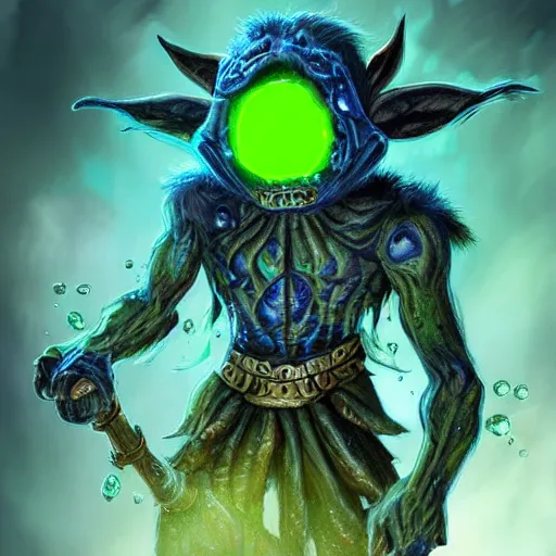 Image similar to a highly detailed goblin with blue skin and green eyes that glow, like magic the gathering, goblin chainwalker, with water in the background, digital art, by christopher rush