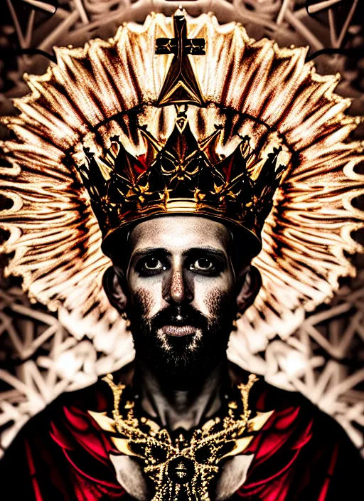 Image similar to 'Portrait of Crowned King Arthur' by Lee Jeffries royally decorated, whirling plasma, atmospheric motes, red and gold Sumptuous garb, gilt silk fabric, radiant colors, fantasy, perfect lighting, studio lit, micro details,