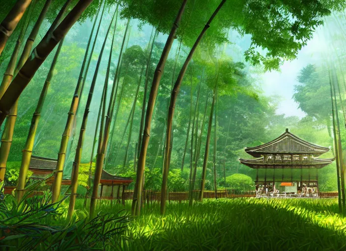 Image similar to deep in a japanese bamboo forest, ancient temple in distance with garden, sunny, cartoony, sketched, mid day, realistic lighting, by ghibli studio, arcane, wild rift, trending on artstation, 4 k, hd