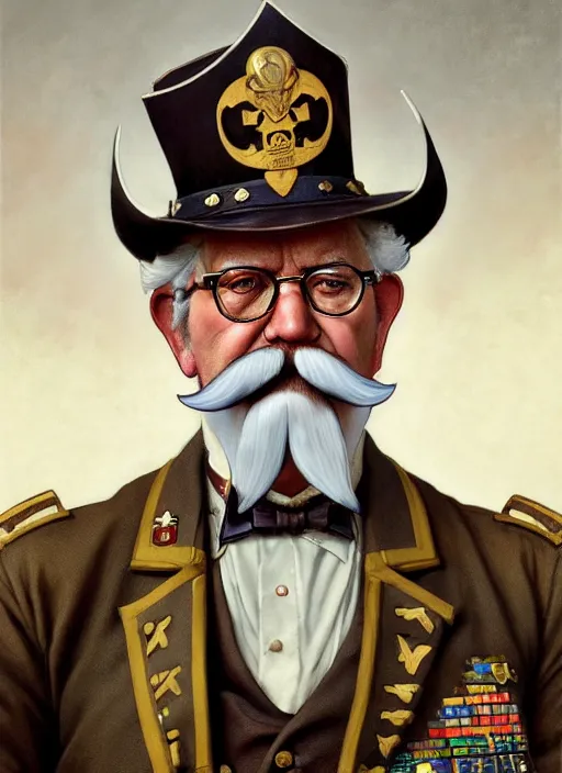 Image similar to close up portrait of colonel sanders, decorated civil war veteran, long handlebar mustache, union uniform by artgerm, cushart krenz, greg rutkowski, mucha. art nouveau. gloomhaven, military symbolism, pale colors, sharp edges. ultra clear detailed. 8 k. elegant, intricate, octane render