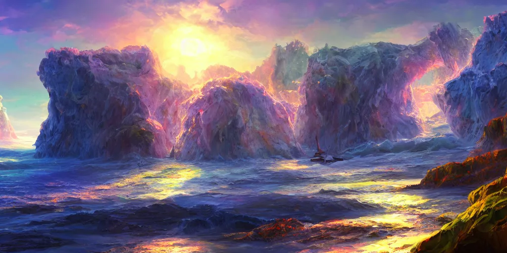 Prompt: salt covered islands surrounded by gleaming colourful crystal cliffs, illustration, bright sunlight, sun glints, sunrays, digital art, oil painting, fantasy, 8 k, trending on artstation, detailed