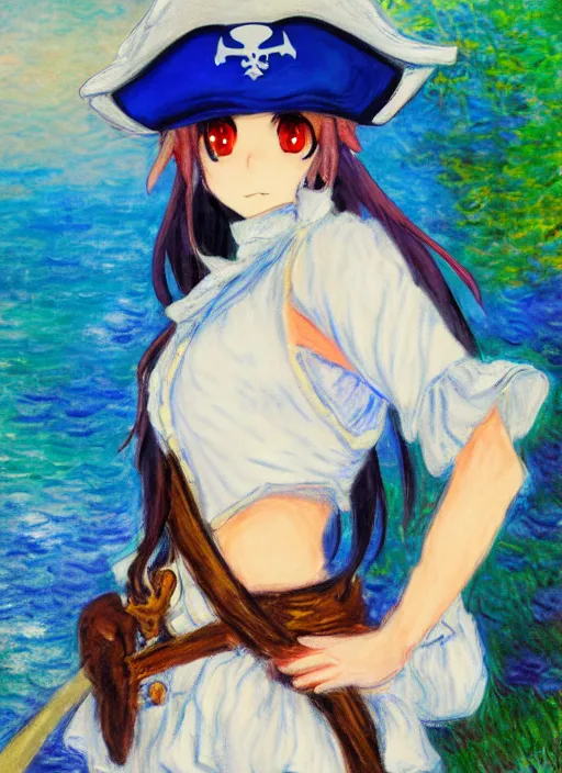 Image similar to a portrait of a female pirate, blue uniform, very anime in impressionist style, anime trending artwork, anime painter studio, by claude monet