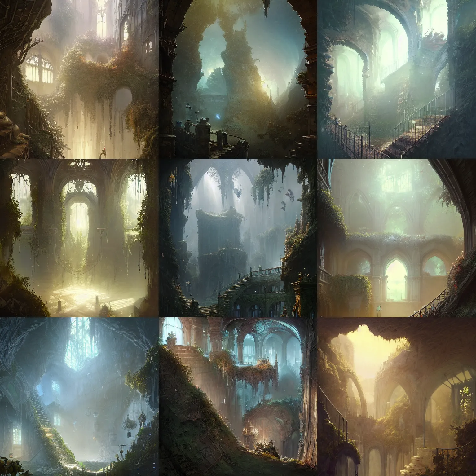 Prompt: victorian walls with hanging dry gardens on side of cliff, archways, large glass ceilings, staircases, light dust, by peter mohrbacher dan mumford craig mullins nekro, cgsociety, pixiv, volumetric light, 3 d render