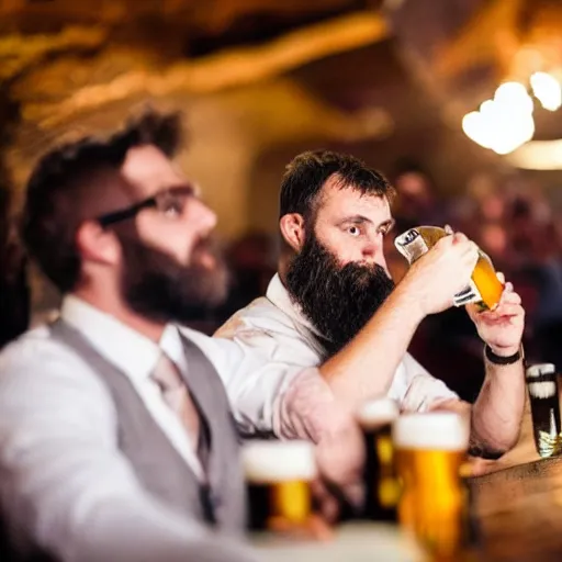 Image similar to caveman drinking beer at a wedding in real life, realistic, hyper realistic, 8 k, 4 k uhd, great detail, detailed, intricate detail