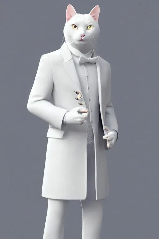 Image similar to a white cat wearing a formal overcoat, hyperrealistic, concept art, octane render, unreal engine 5, trending on DeviantArt, highly detailed, high quality, 8K, soft lighting, cute, natural lighting, realistic face, trending on Artstation, elegant clothes, profile picture, path traced