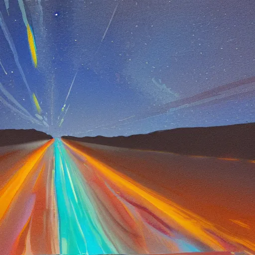 Prompt: water painting of an endless street in the desert at night, northern lights