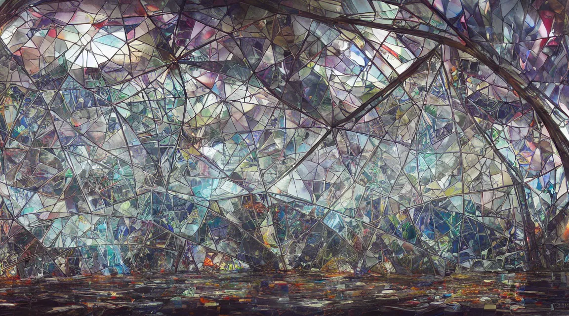 Prompt: an array of tesla coils inside a shattered stained glass dome, frank gehry architecture, art nouveau, tesla coils, explosions, shattered abstractions, shattered wall, triangles, trending on artstation, isometric painting by totem 2, edited by ashley wood, final details by jeremy mann, award winning masterpiece, symmetrically isometrically centered