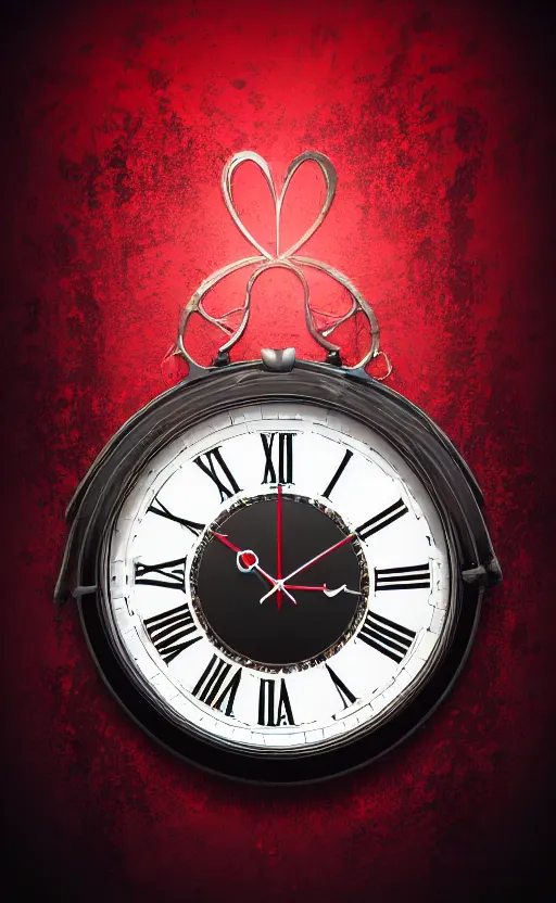 Image similar to a melting Roman numeral clock, behind a red and black gradient background, awith a black heart shaped on the top left corner and a black diamond card shape in the bottom right corner, dynamic lighting, photorealistic fantasy concept art, trending on art station, stunning visuals, cinematic, creative, ultra detailed