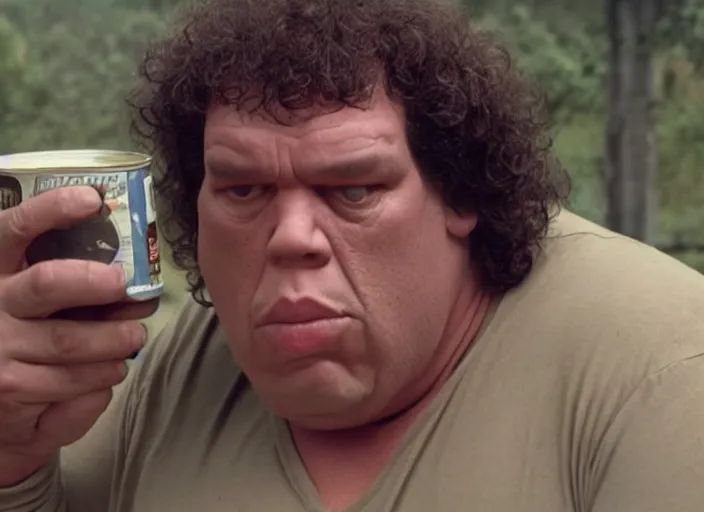 Image similar to film still of Andre the Giant eating a can of beans in the new Lethal Weapon movie, 4k