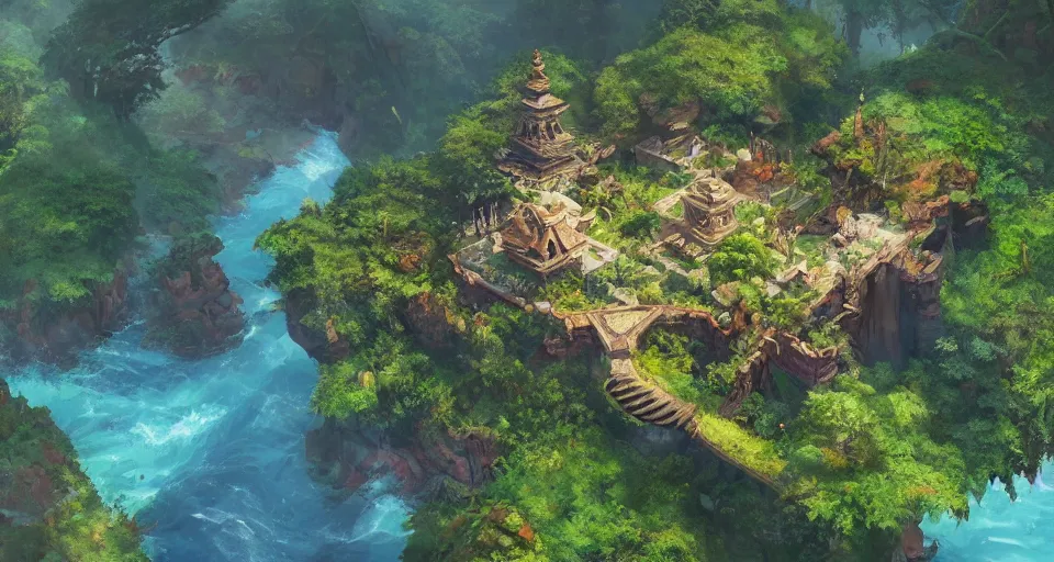 Image similar to Very small fantasy island with a temple in the middle of a tropical forest, view from above. by Greg Rutkowski, by Jesper Ejsing, by Makoto Shinkai, trending artstation, concept art, highly detailed,8k