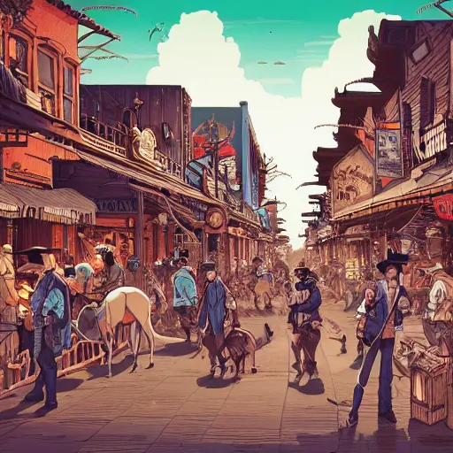 Prompt: old western town, extremely detailed, sharp focus, wide view, full body shot, smooth, digital illustration, by james jean, by rossdraws, frank franzzeta, sakimichan, mcbess