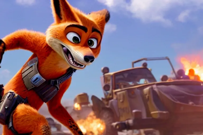 Image similar to nick wilde ( from zootopia ), heavily armed and armored facing down armageddon in a dark and gritty reboot from the makers of mad max : fury road