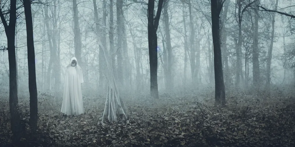 Image similar to a white female ghost in a ominous forest, autumn, 35mm, cinematic atmosphere, mist, photorealistic, depth of field, gloomy