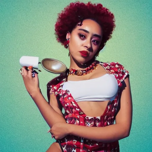 Image similar to Photo of Doja Cat holding a spoon in her hand, hyperrealistic