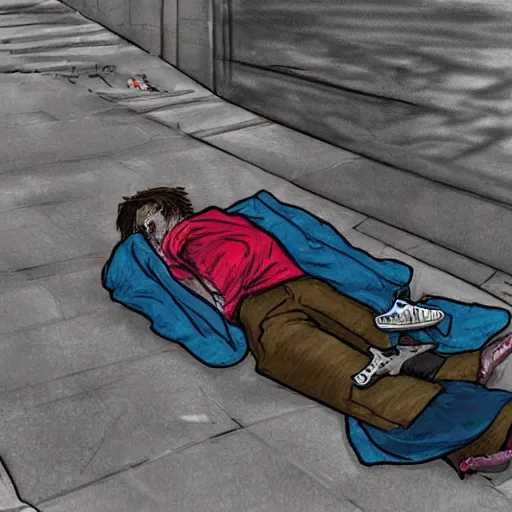 Prompt: a depressing digital painting of a homeless drug addict lying on the ground in an Ally, highly detailed digital art