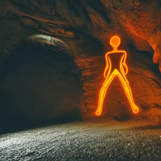 Image similar to photo of a giant orange glowing transparent humanoid of one thousand feet of height standing next to a building inside a cave