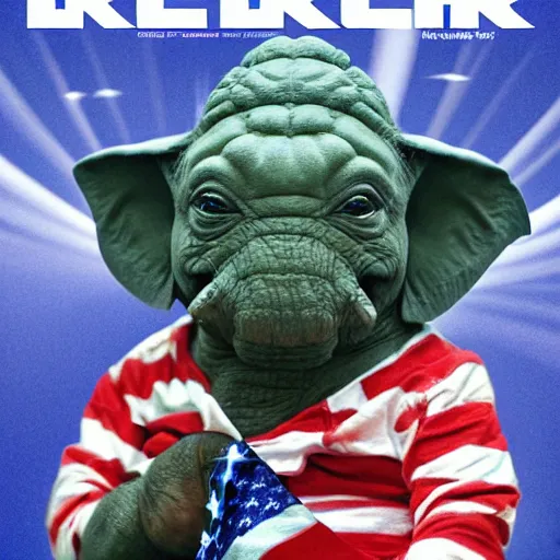 Image similar to elephant yoda as potus american flag in 3 d, art designers magazine photo unreal 8 k resolution