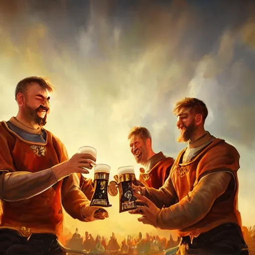 Image similar to an epic painting of the crusaders order of beer lovers, holding mugs of beer in their hands, oil on canvas, golden hour, beautiful detailed, photorealistic, digital painting, artstation, concept art, smooth, sharp focus, illustration, fantasy background, artstation trending, octane render, unreal engine