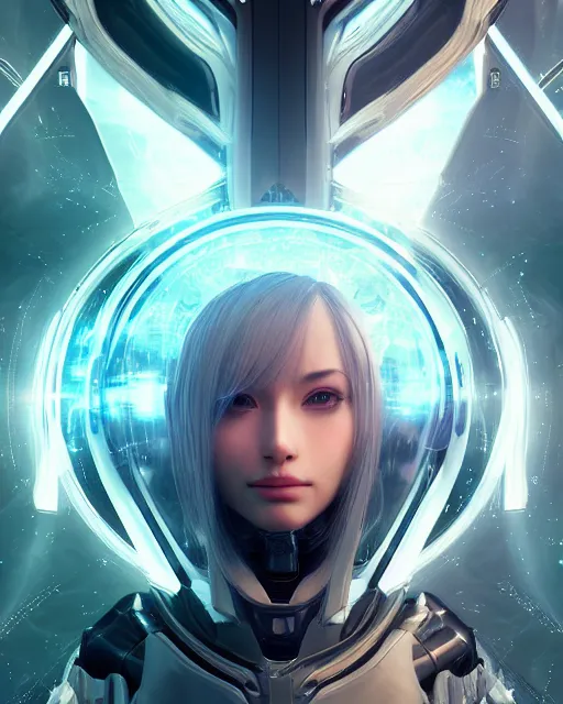 Prompt: photo of a android girl on a mothership, warframe armor, beautiful face, scifi, nebula, futuristic background, galaxy, raytracing, dreamy, focused, sparks of light, pure, long white hair, blue cyborg eyes, glowing, 8 k high definition, insanely detailed, intricate, innocent, art by akihiko yoshida, li zixin, woo kim