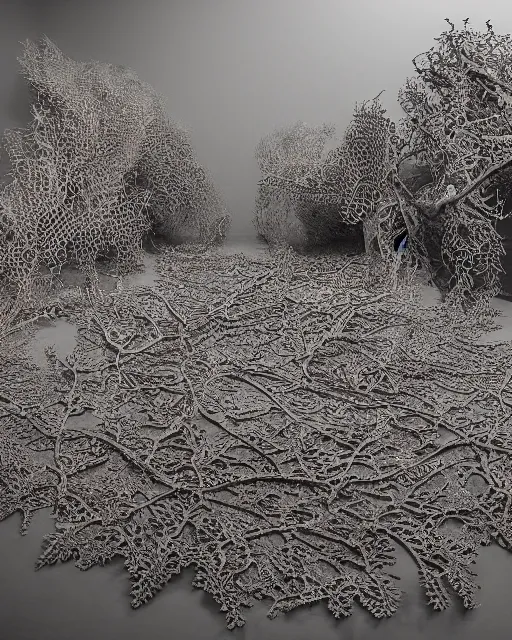 Image similar to a coral reef, made of intricate decorative lace leaf skeleton, in the style of the dutch masters and gregory crewdson, dark and moody