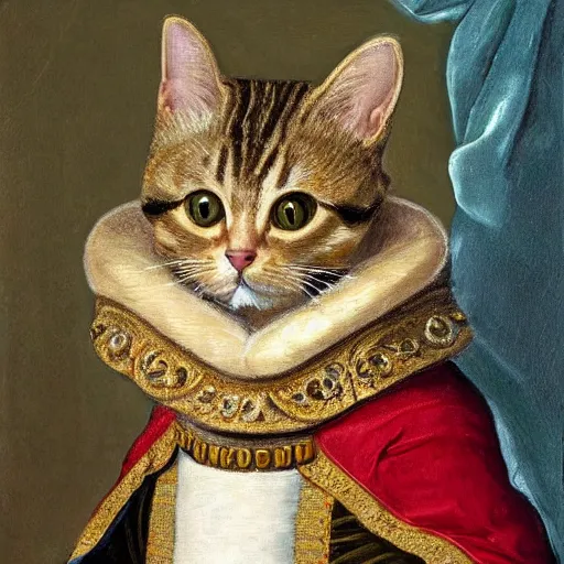 Prompt: painting of a tabby cat dressed up like a noble queen of france, classic painting, highly detailed, portrait