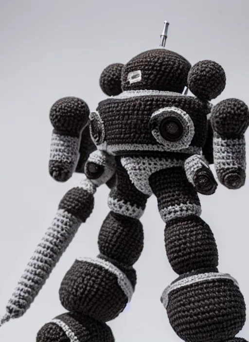 Prompt: a crochet mecha with rocket launchers, realistic, no cropping, full body, Sigma 50 mm f/1.4