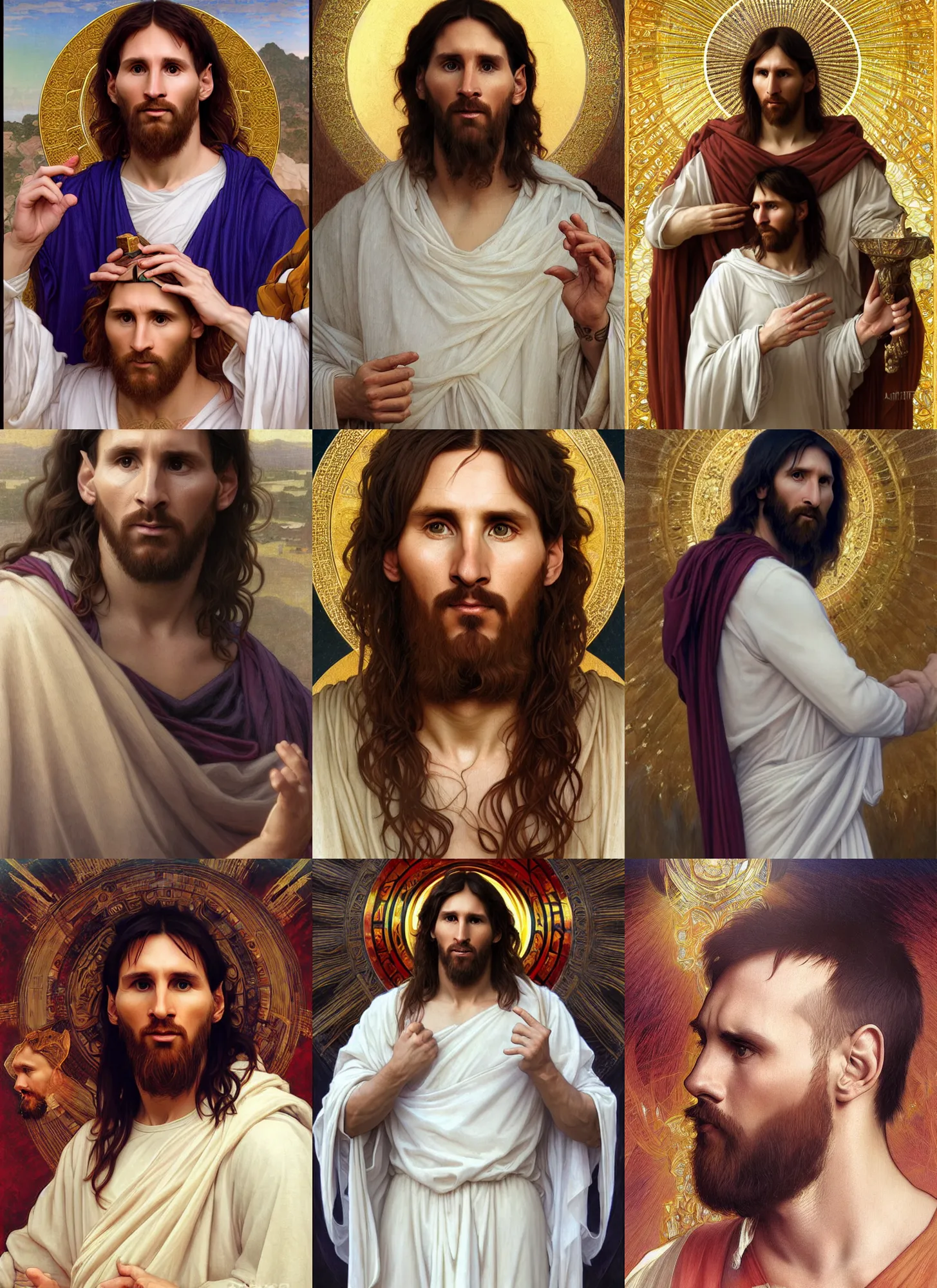 Prompt: portrait lionel messi as jesus, full length shot, shining, 8 k highly detailed, sharp focus, illustration, art by artgerm, mucha, bouguereau