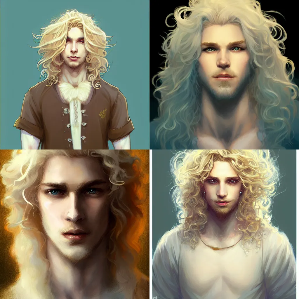 Prompt: a pretty pale androgynous opal prince with long fluffy blond hair wearing a white poet shirt, very very very pale skin, very very curly blond hair, fluffy long blond curly hair, character design concept, cgsociety, by Gustave Repin and Dan Mumford, artstation