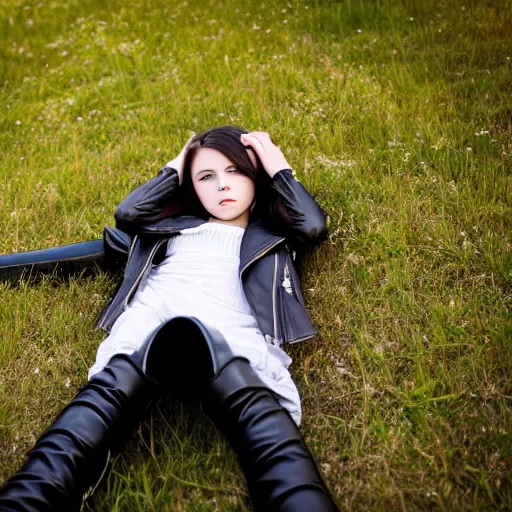 Prompt: young girl lies on a meadow, she wears leather jacket, jeans and knee high black boots, sharp focus, photo taken by nikon, 4 k,