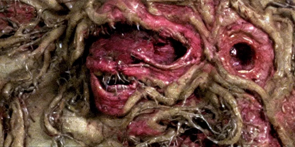 Image similar to filmic close up dutch angle movie still 35mm film color photograph of the snarling distorted human face of a mutated shape shifting organism made of human internal organs, disgusting dissected human tissue with a variety of grotesquely strewn together human and animal limbs, in the style of a horror film The Thing 1982