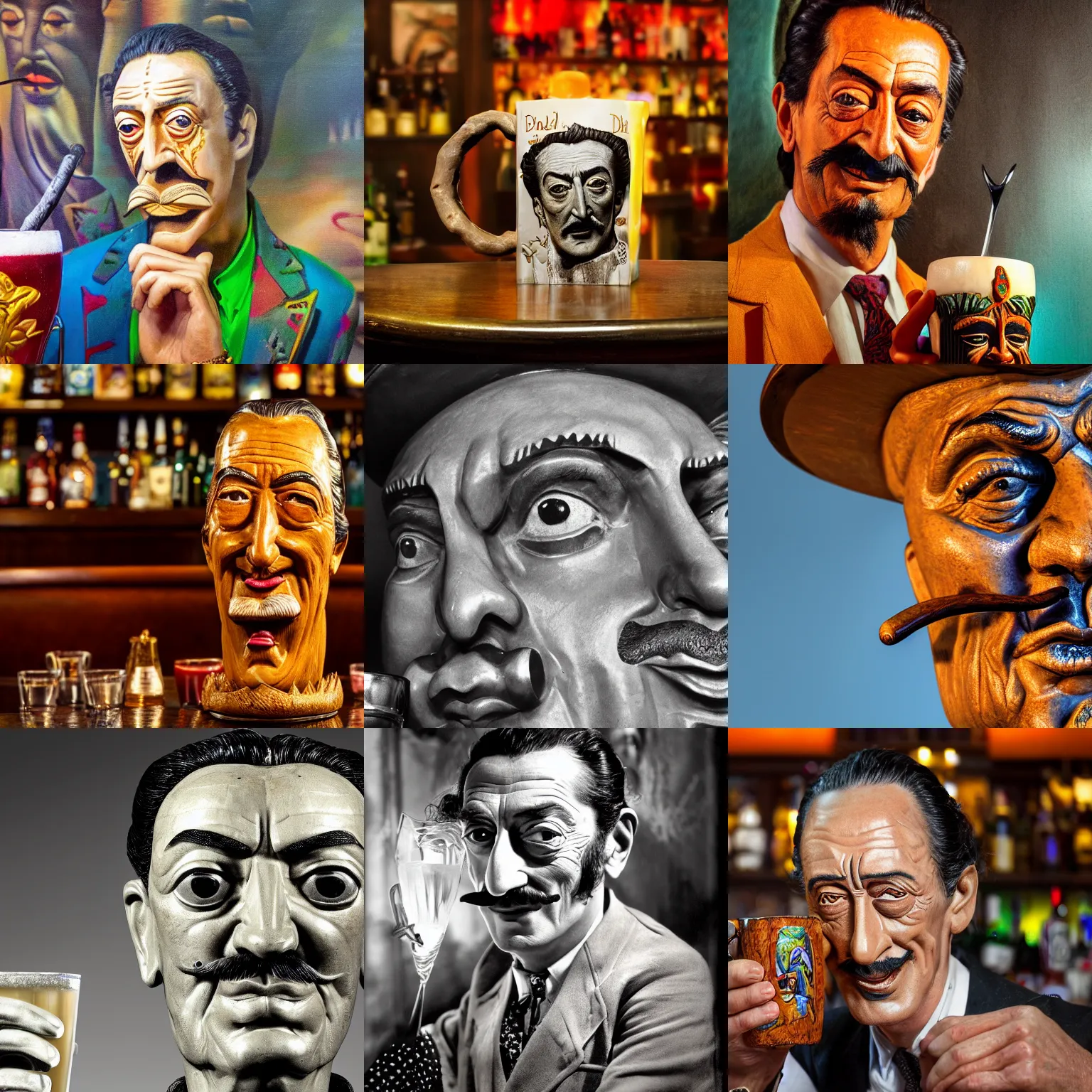 Prompt: a closeup photorealistic photograph of salvador dali at trader vic's bar holding a tiki mug with his face on it. brightly lit scene. this 4 k hd image is trending on artstation, featured on behance, well - rendered, extra crisp, features intricate detail, epic composition and the style of unreal engine.